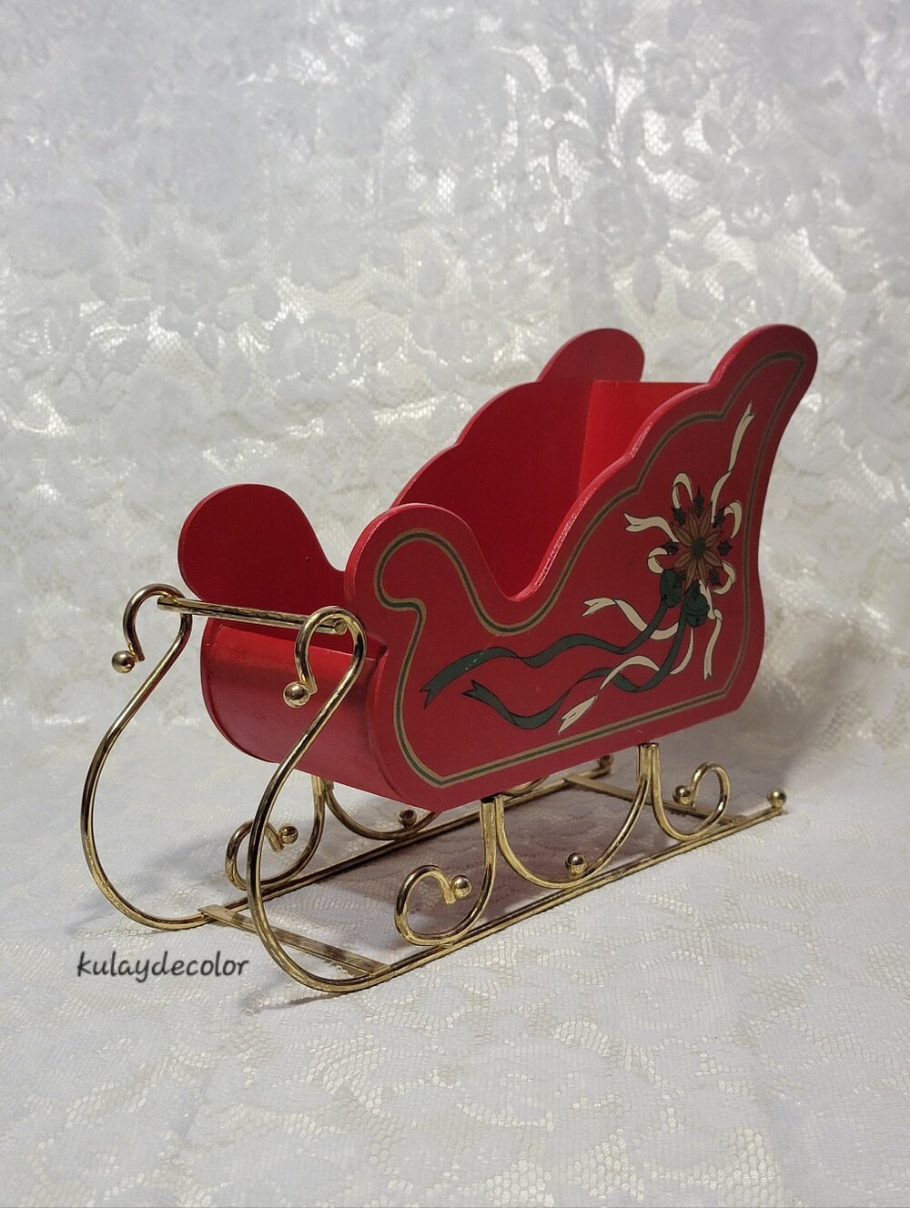Vintage Red Santa Wood Sleigh Gold Metal Scroll Christmas Holiday Table Decor